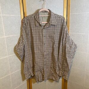 Haggar Generations Mens Large Brown Tan Gingham Check Cotton Button Front Shirt